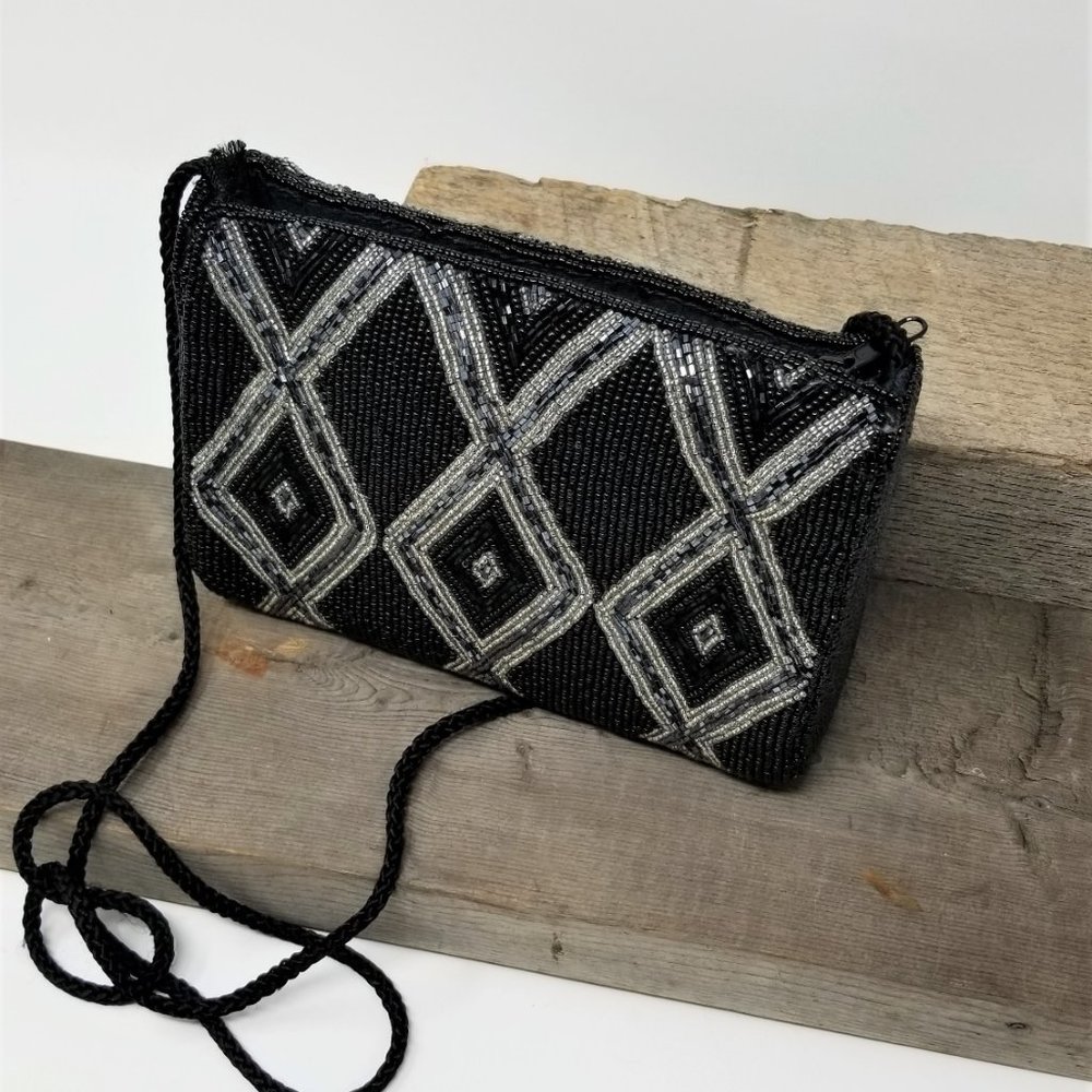 Carla Marchi Hand Beaded Black Crossbody Clutch